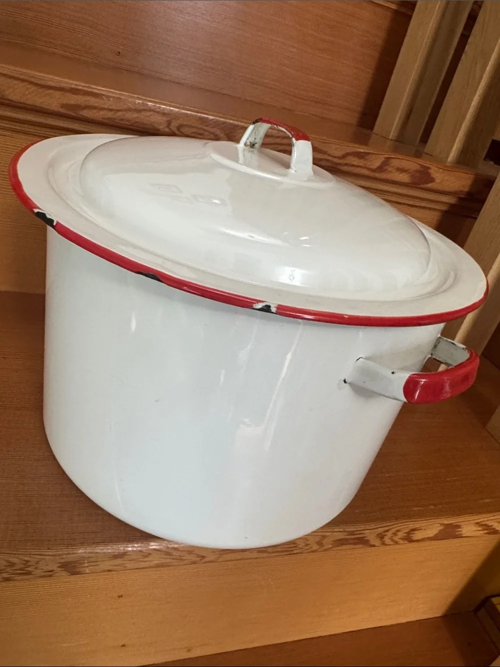 VTG Large White Enamelware Stock Pot & Lid with Red Trim